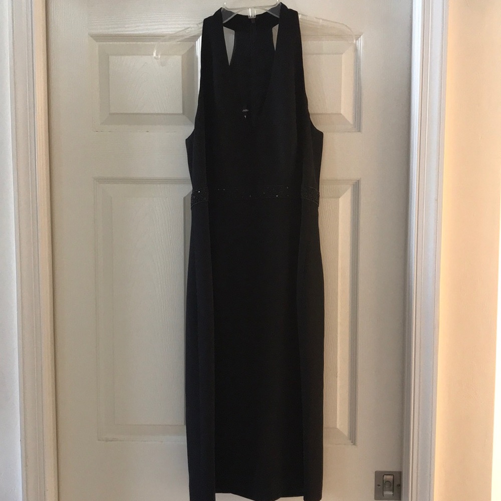 Black racer back Donna Morgan cocktail dress.